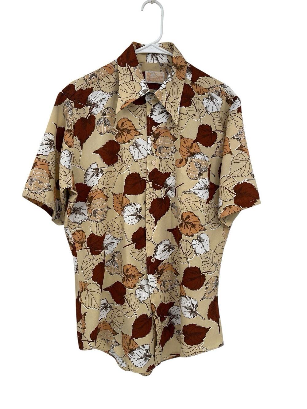 Vintage Kings Road Sears 60s 70s Shirt Button Up Brown Leaves Size Large